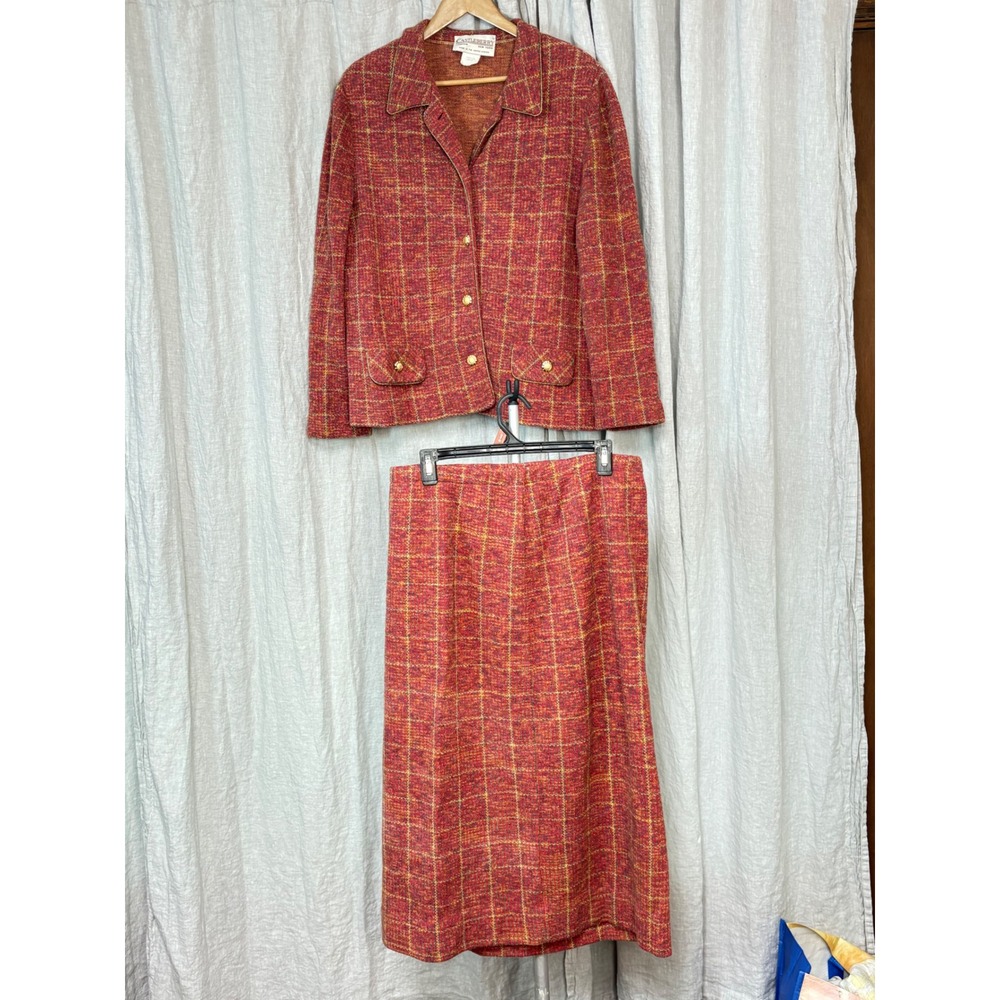Vintage Castleberry Knit Skirt Suit Red Plaid Wool Blend Blazer Midi Skirt Set